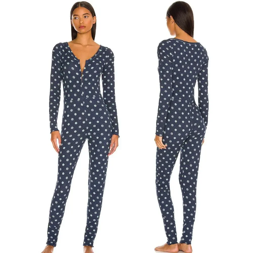 NEW Free People Home Alone Long John Deep Navy Med Comfy Cozy Lounge Ruffle Hem
